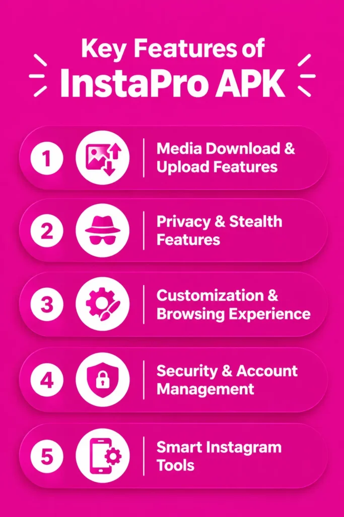 InstaPro APK Key Features Infographic